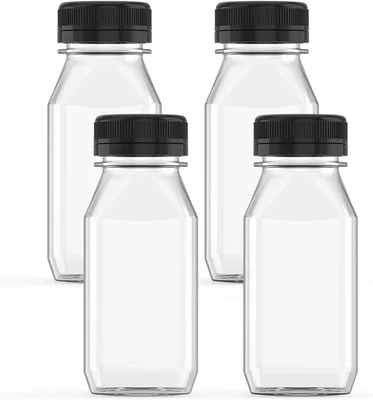 6 Ounce Plastic Juice Bottle Drink Containers with Black Lids, 5 Pcs