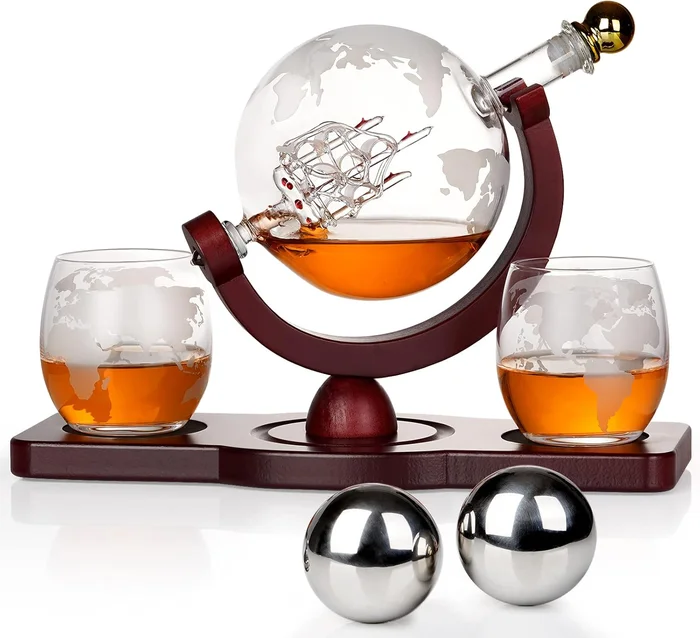 PONPUR Whiskey Decanter Globe Set with 2 Ball Stones and 2 Glasses Gif