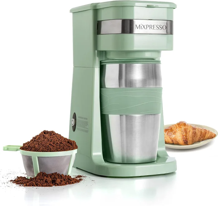 Mixpresso Single Serve Coffee Maker with 14oz Travel Mug for Convenient Green Brewing