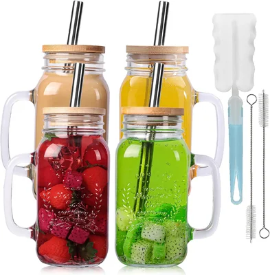 4 Pack 24Oz Mason jar cups with lids and straws Mason Jars with Handle