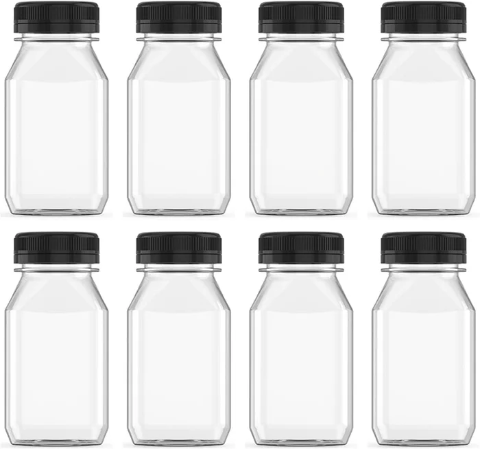 8 Ounce Plastic Juice Bottle Drink Containers with Black Lids, 8 Pcs