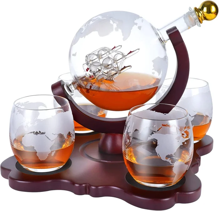 Whiskey Globe Decanter Set with 4 Etched Globe Glasses Gifts for Men D
