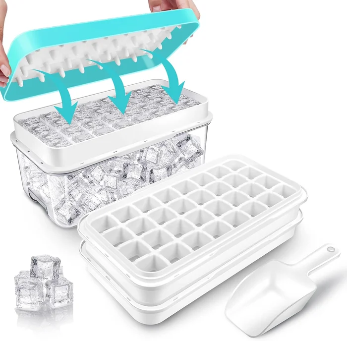 Ice Cube Trays for Freezer With Bin Scoop and Press Plate 2 Tiers Lid 