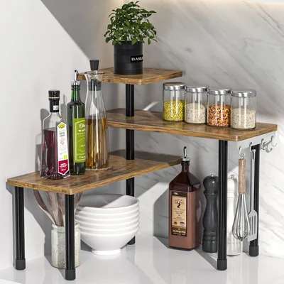 JayRex Kitchen Countertop Organizer 3-Tier Corner Shelf, Rustic Brown