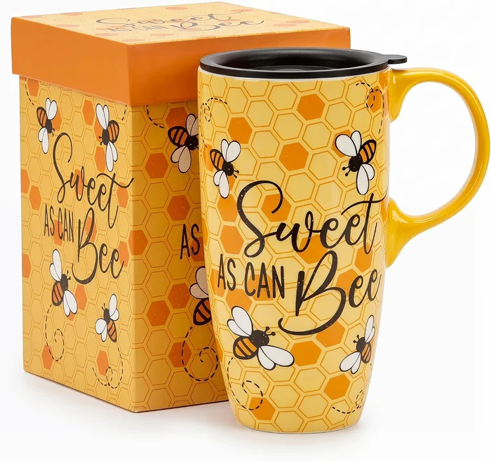Topadorn 17oz Ceramic Travel Mug with Lid Honey Bee Floral Coffee Mug 