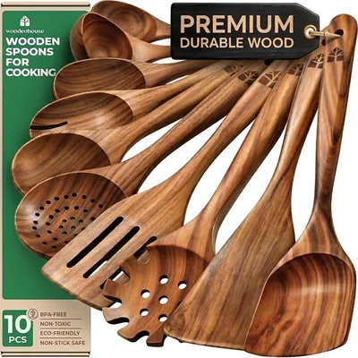 Wooden Spoons for Cooking – 10 Pcs Non Toxic Teak Kitchen Utensils Set