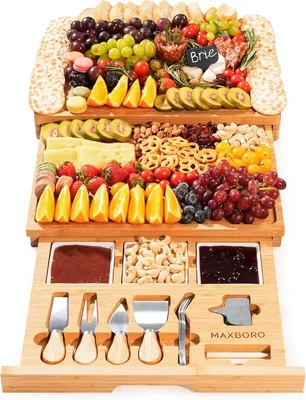 Extra Large Bamboo Charcuterie Board with 3-Layer Pull-Out Cheese Tray