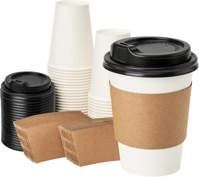 RACETOP 12 oz 50 Pack Disposable Paper Coffee Cups – With Lids and Sle