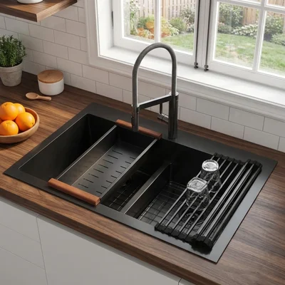 LQS 33x22 Inch Black Drop-In Kitchen Sink with Unique Low-Divider Desi