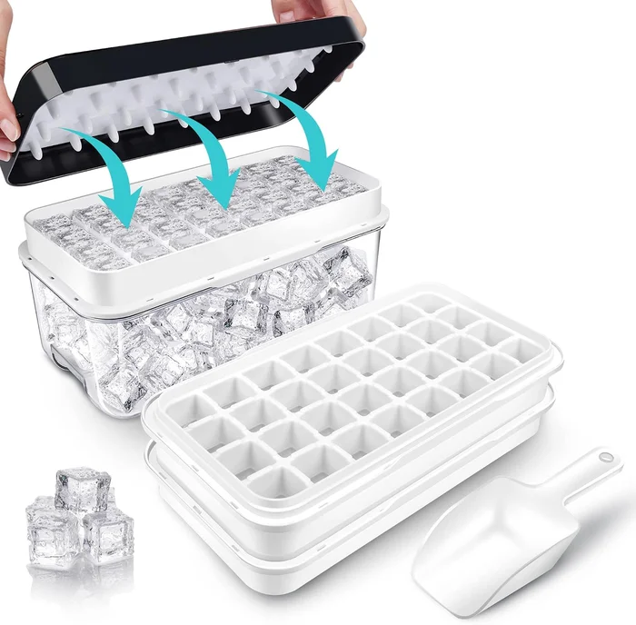 Ice Trays for Freezer with Lid and Bin Making 64 Pcs Ice Cubes Easy Pr