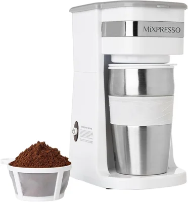Mixpresso Single Serve Coffee Maker with 14oz Travel Mug for Easy White Brewing