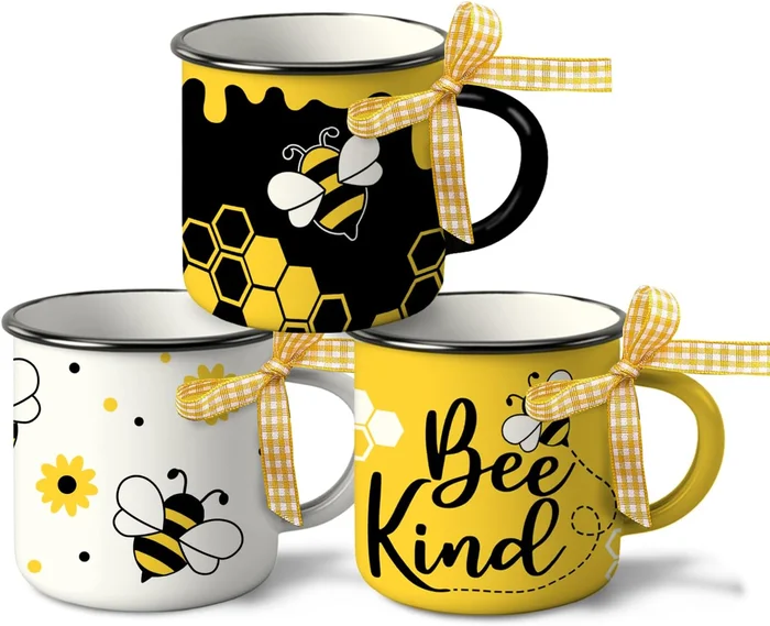 Bumble Bee Themed Spring Summer Mini Coffee Mug Set of 3 - Cute Small 