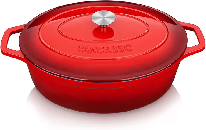 vancasso 9.3 Qt Oval Enameled Cast Iron Dutch Oven with Lid Red for El