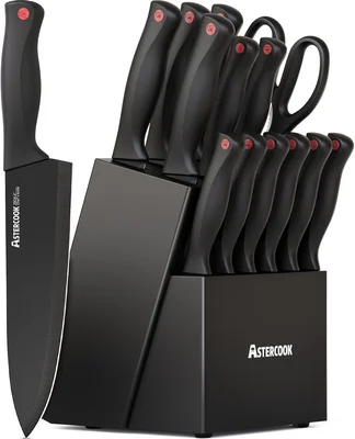 Astercook 15-Piece German Kitchen Knife Set with Block and Sharpener