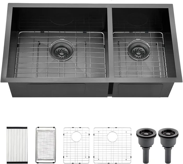 Dorzom 33x17 Inch Black Stainless Steel Undermount 60/40 Double Bowl K