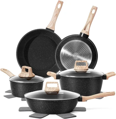 SODAY Pots and Pans Set 12Pcs Non Stick Black Granite Induction Cookwa