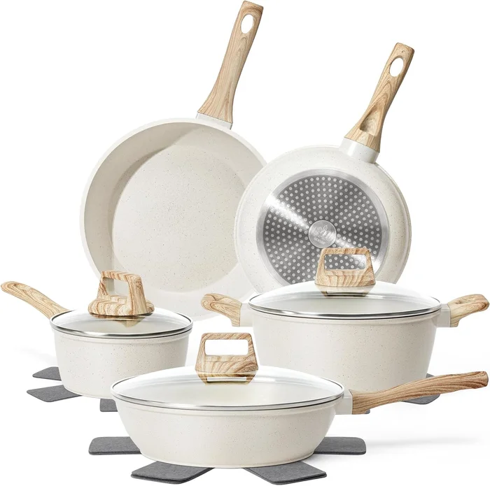 SODAY 12Pcs White Granite Induction Cookware Pots and Pans Set Non Sti