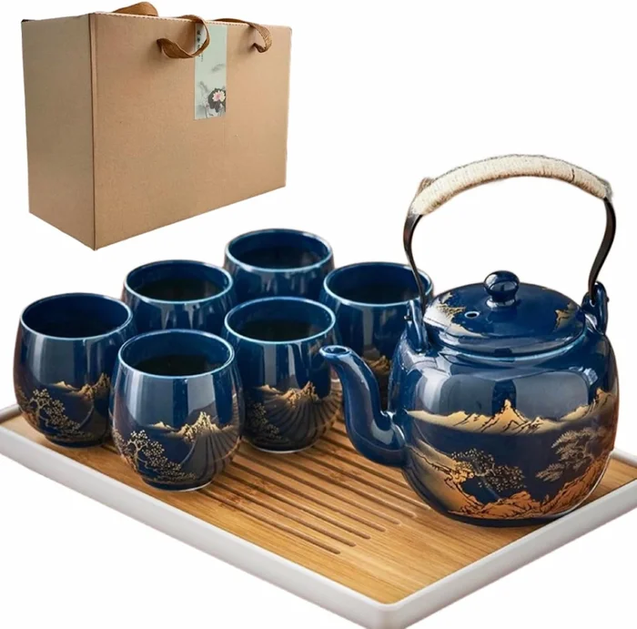 Japanese 6-Piece Blue Porcelain Tea Set with Gold Accents for Luxury T