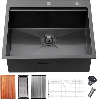 25 Inch Black Kitchen Sink Drop in 25x22 Topmount Ledge Workstation Ki