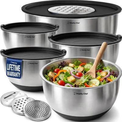 Priority Chef Stainless Steel Mixing Bowls with Lids Set 3 Grater Atta