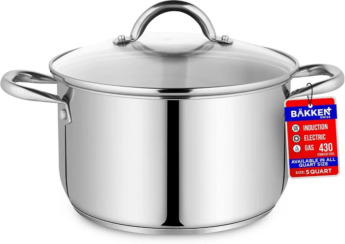 Stainless Steel Stockpot with Tempered Glass Lid 5 Quart Durable 18/0 