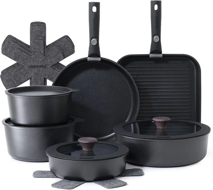 SENSARTE 17-Piece Nonstick Detachable Handle Pots and Pans Set for Eas