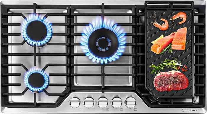 AMZCHEF 36 Inch Gas Cooktop with Griddle 5 Italy SABAF Sealed Burners