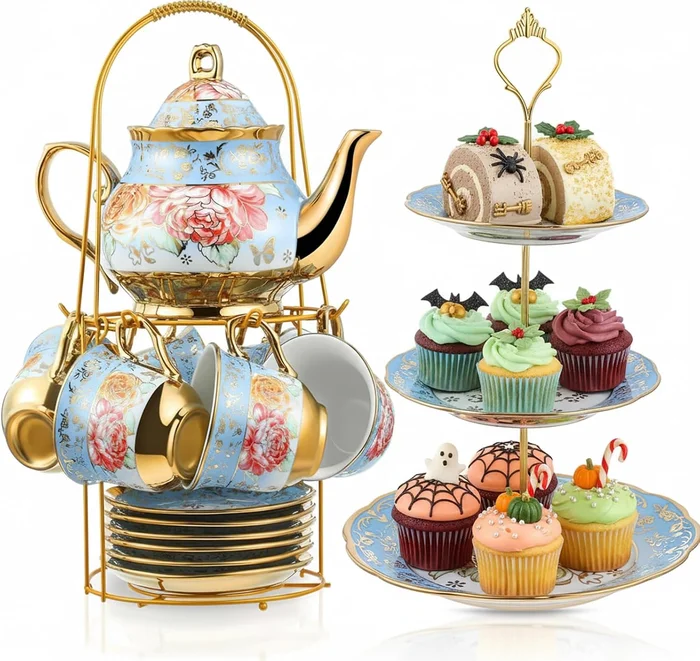 Maxcheck 21 Piece Porcelain Tea Set for Women Tea Party with Advanced