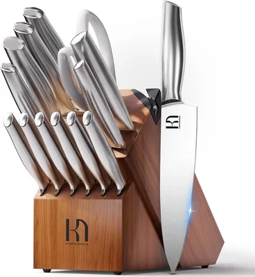 KnifeSaga 14-Piece Premium Razor Sharp Japanese Steel Knife Block Set