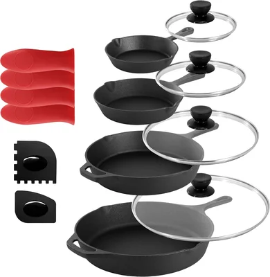 MegaChef 13 Piece Pre-Seasoned Cast Iron Skillet Set with Tempered Gla