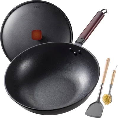 Teewe 13 Inch Carbon Steel Wok and Stir-Fry Pan with Lid for Natural N