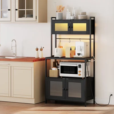 HOOBRO 5-Tier Industrial Bakers Rack with Storage Cabinet, LED Lights