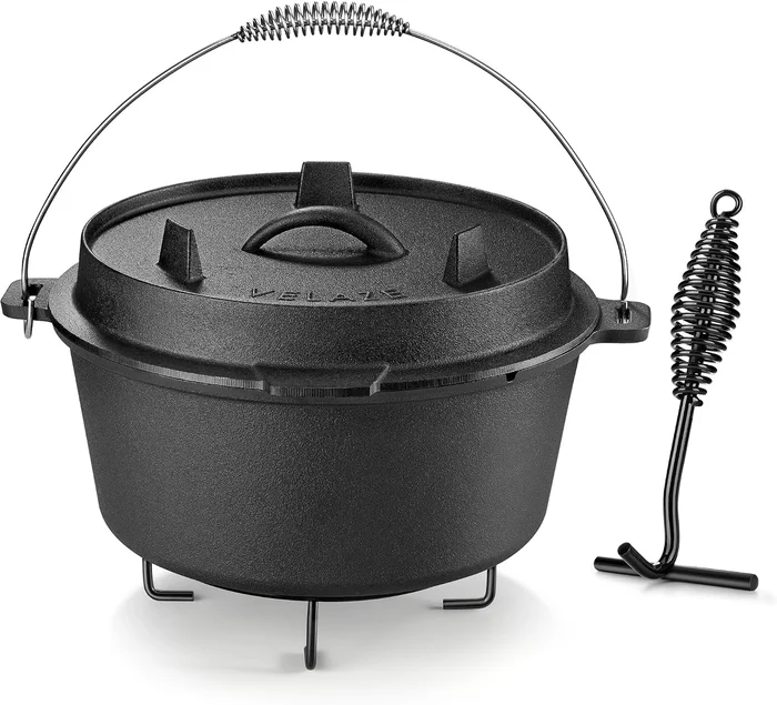 Velaze 10 QT Pre-Seasoned Cast Iron Camping Dutch Oven Pot with Lid fo