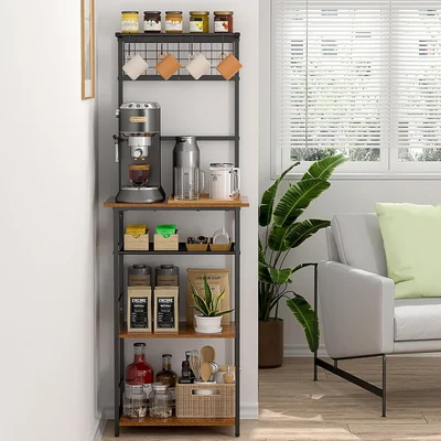 5 Tier Farmhouse Corner Coffee Bar Cabinet with 4 S-Shaped Hooks, 53.3