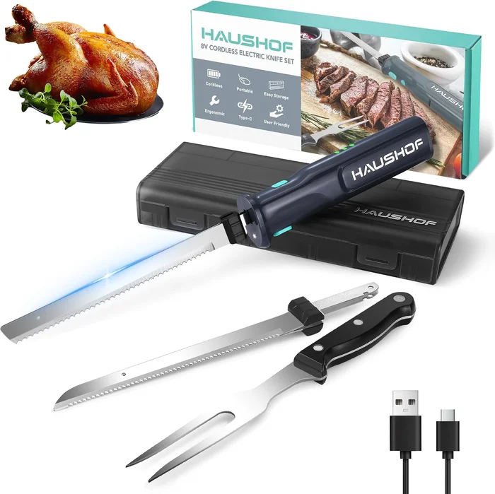HAUSHOF Cordless Electric Knife Set with Storage Case for Easy Meat Ca