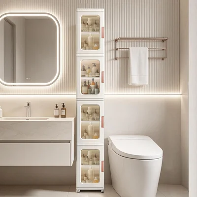 Tall Narrow Storage Cabinet with Movable Wheels and Adjustable Shelves