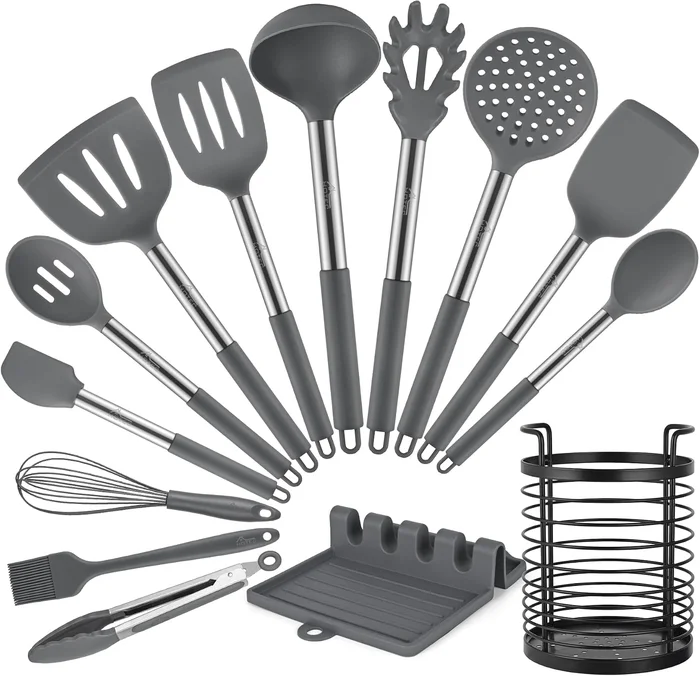 HOTEC 446°F Heat Resistant Silicone Kitchen Utensils 14pcs Grey with S
