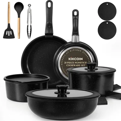 20 Pack KIKCOIN Stackable Nonstick Pots and Pans Set with Detachable H