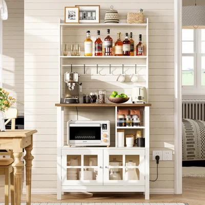 ChooChoo Farmhouse Bakers Rack with Power Outlets and Storage, Rustic