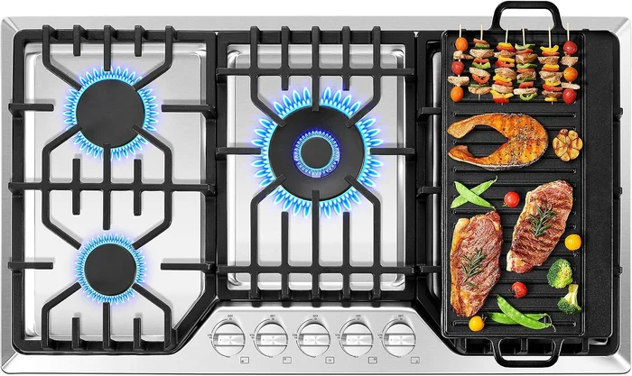 36 Inch Gas Cooktop with Grill Griddle 5 Italy Sabaf Sealed Burners Ma