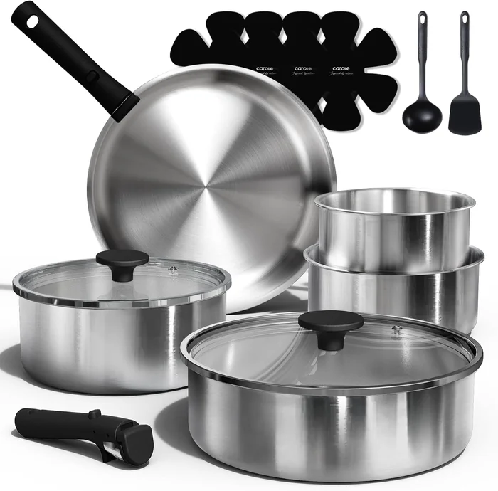 CAROTE 15pcs Tri-Ply Stainless Steel Cookware Set with Detachable Hand
