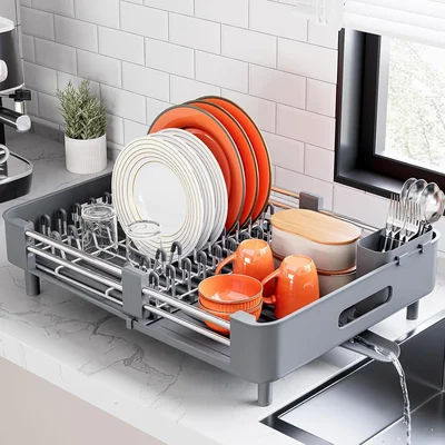Urackify Extendable Stainless Dish Drying Rack for Kitchen Counter, Gr