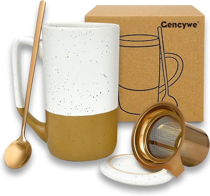 Gencywe Ceramics Large Tea Cup with Loose Leaf Infuser, Spoon and Lid,