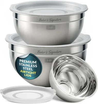 Stainless Steel Mixing Bowls with Lids Set of 3 Nesting Metal 1.5/3/5 