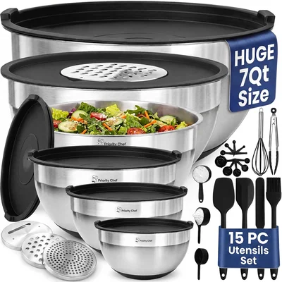 Priority Chef 6Pc Stainless Steel Mixing Bowls with Lids Set 7 Qrt Siz