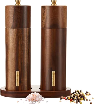 Wooden Salt and Pepper Mill Set with Tray Wood Color 8 Inch