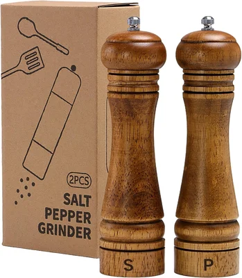 8 Inch 2 Pack Oak Wood Salt and Pepper Grinder Set with S and P Engrav