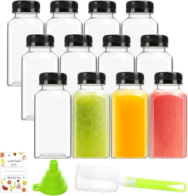 12pcs 8oz Plastic Juice Bottles, Reusable Juice Containers with Black 