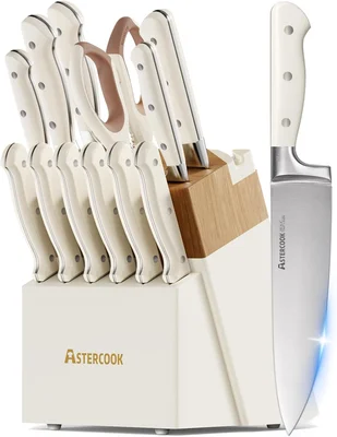 Astercook 14-Piece Full Tang Stainless Steel Knife Set with Block and 