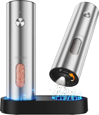 Electric Salt and Pepper Grinder Set with Rechargeable Base - Upgraded